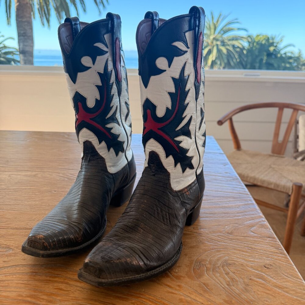 Burns Cowboy Boots Grey Distressed Lizard White Detail Women’s 11 / Men’s 9.5 D - Picture 6 of 7